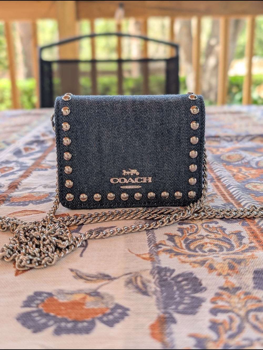 Coach Dark Blue Denim Studded Crossbody Wallet